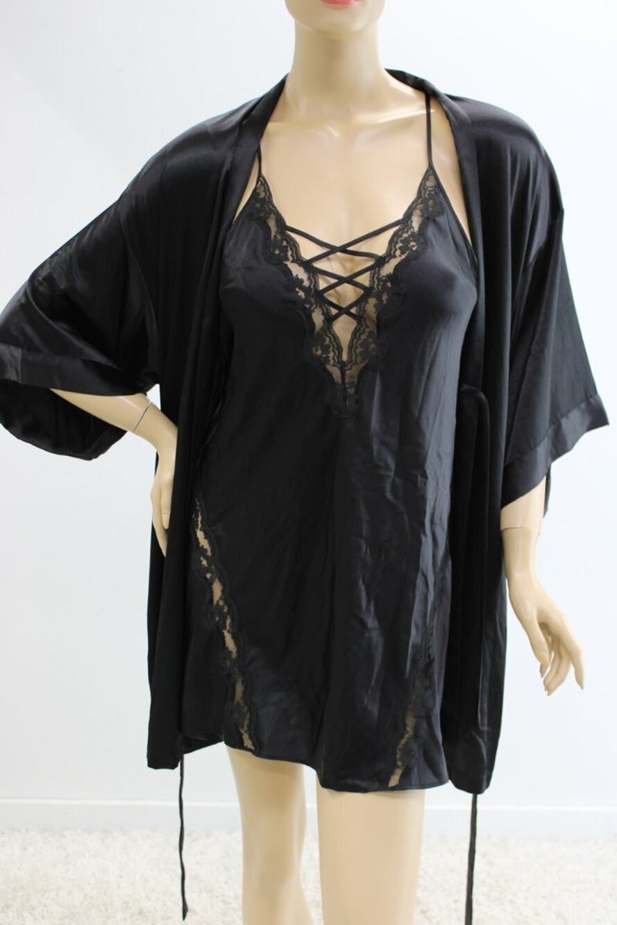Victoria's Secret Black Satin Nightie Kimono Robe Set Medium Dark Romantic Fairy
